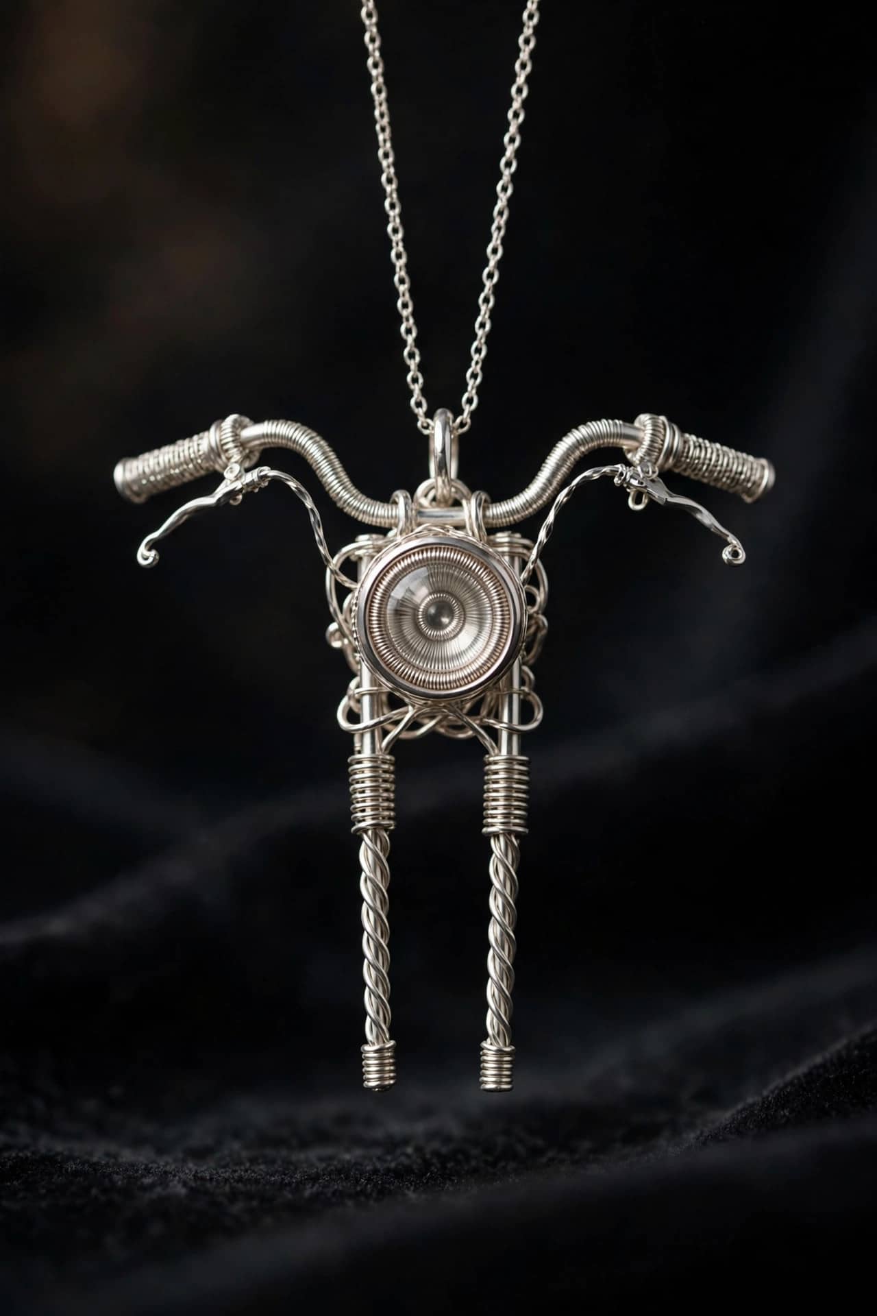 silver wire pendant shaped like naked motorcycle front